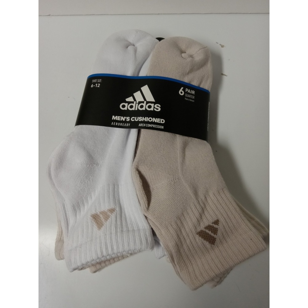 6 Pair Adidas Men's Quarter Socks Tan W/Climacool & Arch Compression Soze 6-12